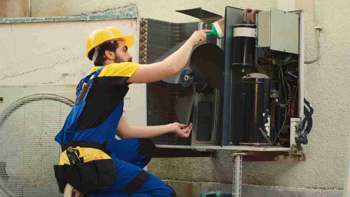 Technician inspecting and installing an air conditioning system.