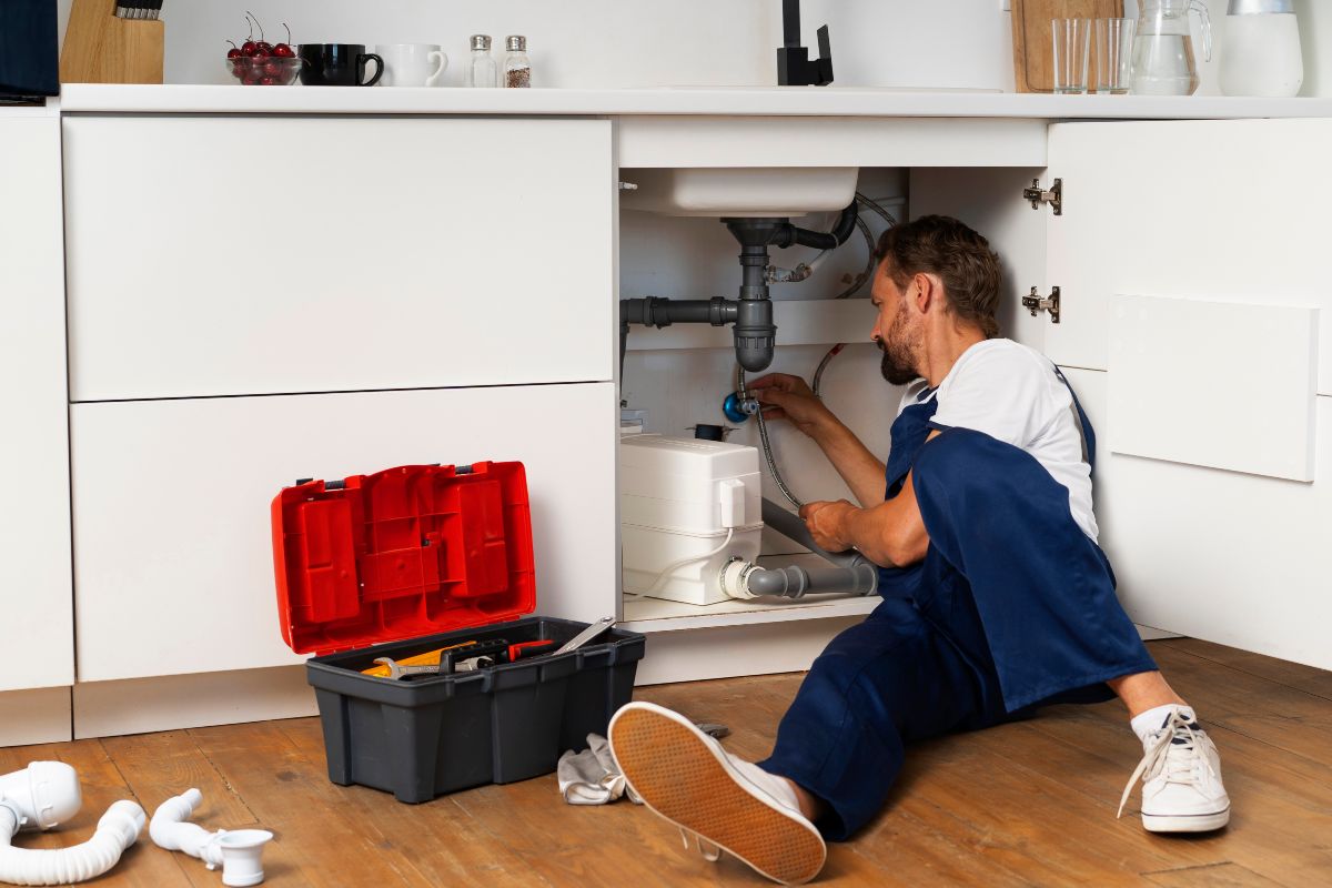 Experienced plumber installing pipes in a modern residential bathroom