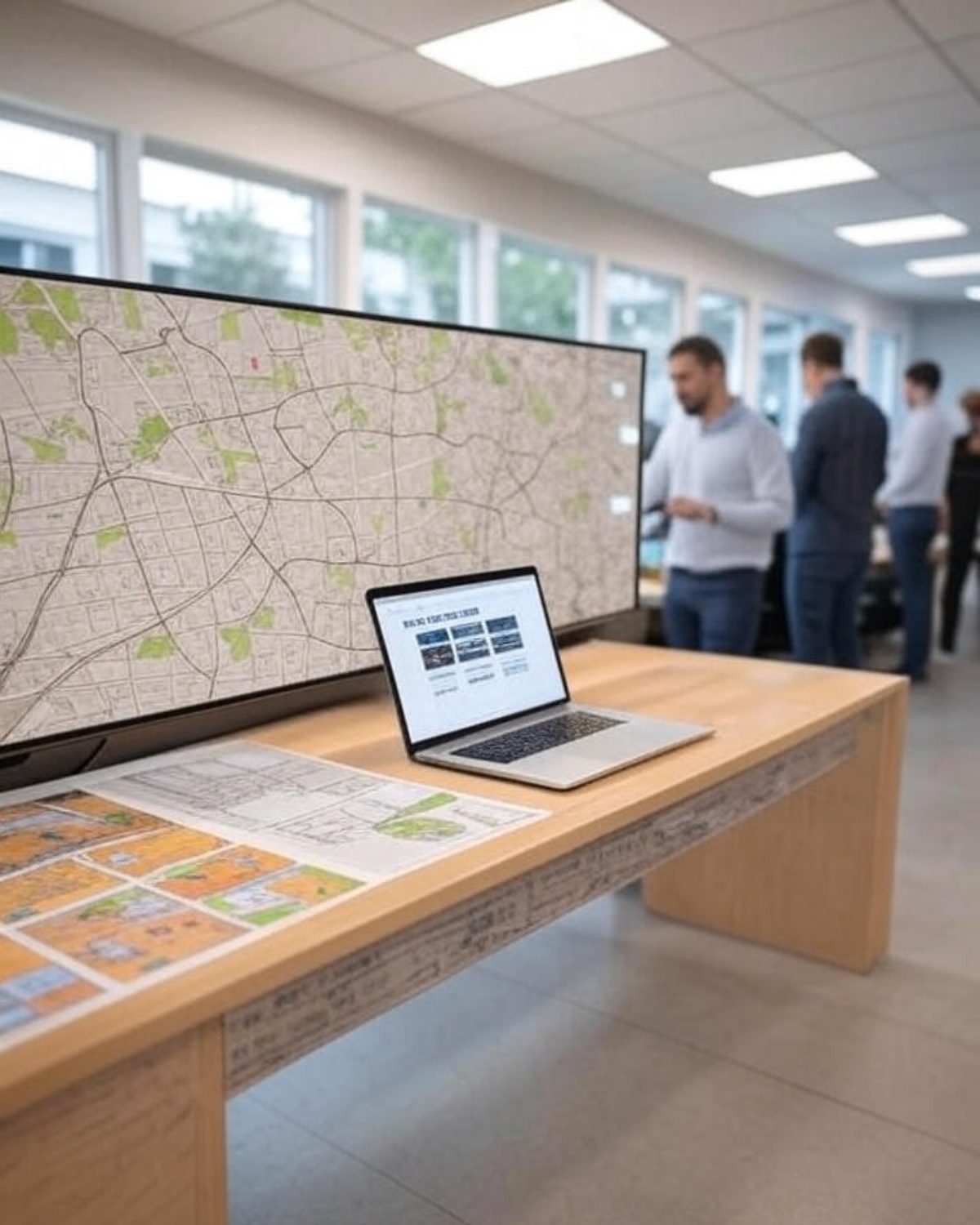 Map with service areas marked and icons representing renovation and construction across multiple locations