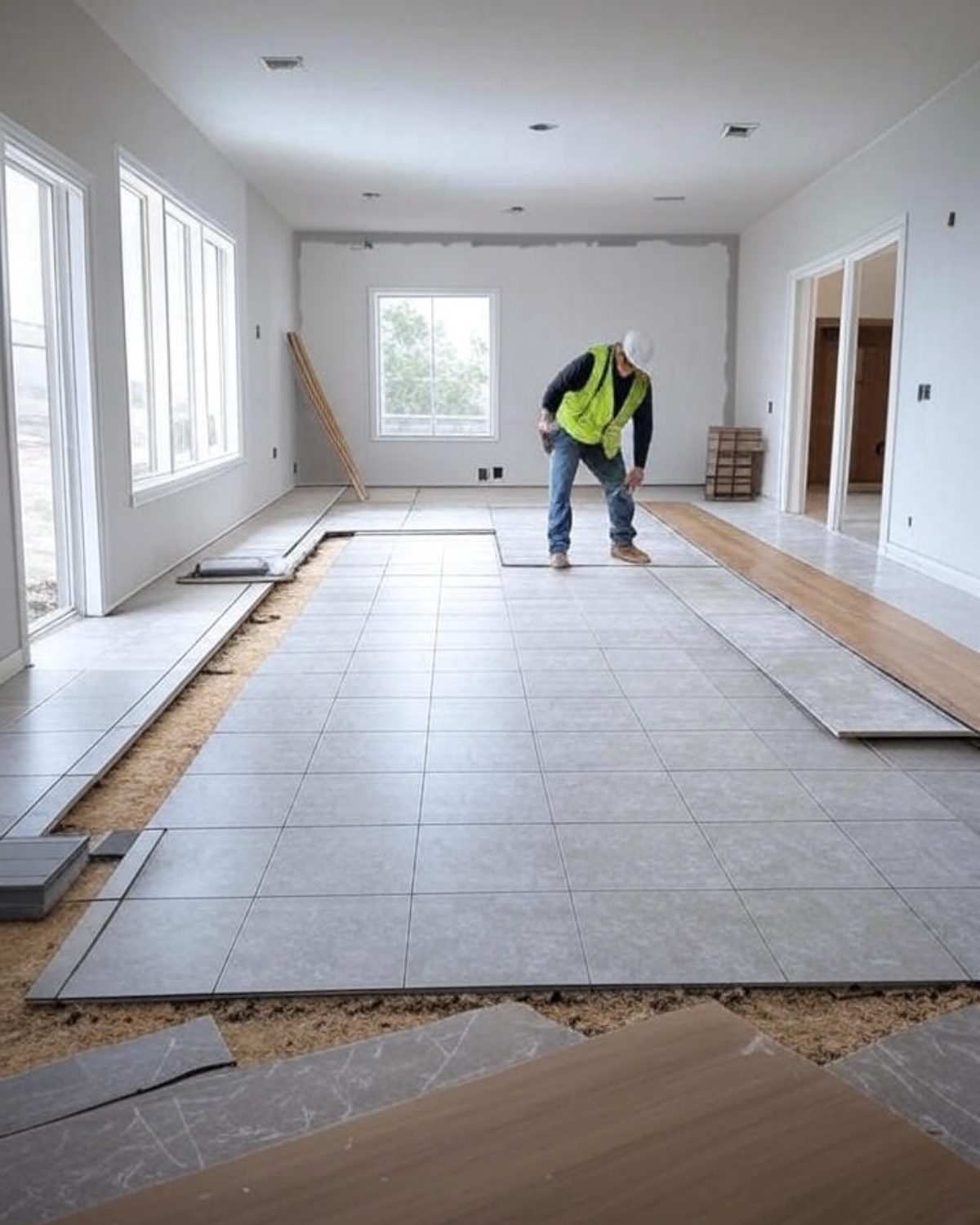 Contractors renovating a home interior with tools, materials, and design plans in a bright living space