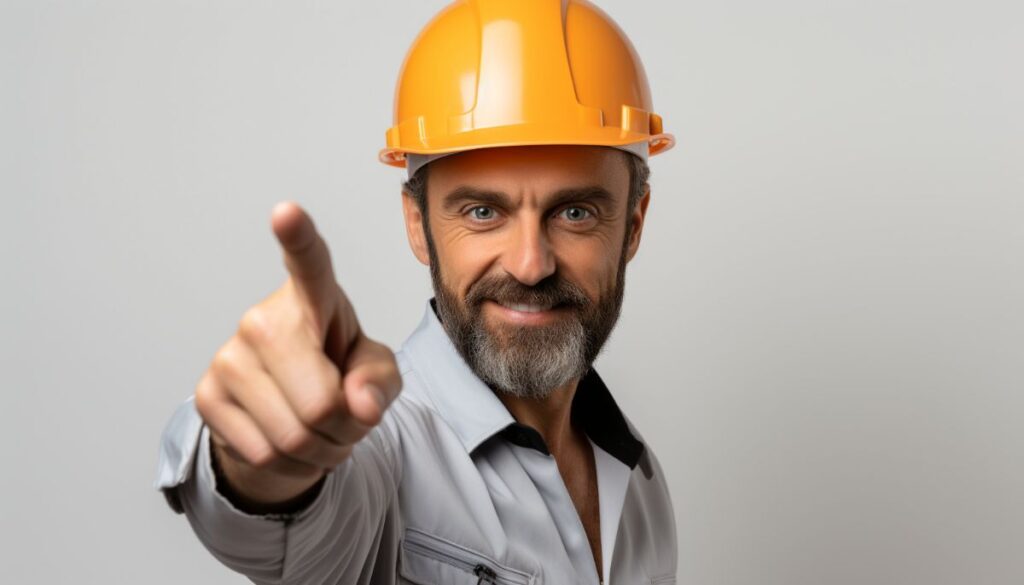 A smiling construction worker wearing an orange safety helmet points directly at the camera, symbolizing reliability and trust for HomeFix UAE's building maintenance services.