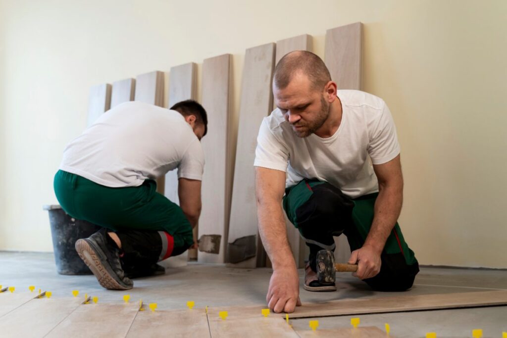 Two workers installing wooden flooring in a home renovation project.
